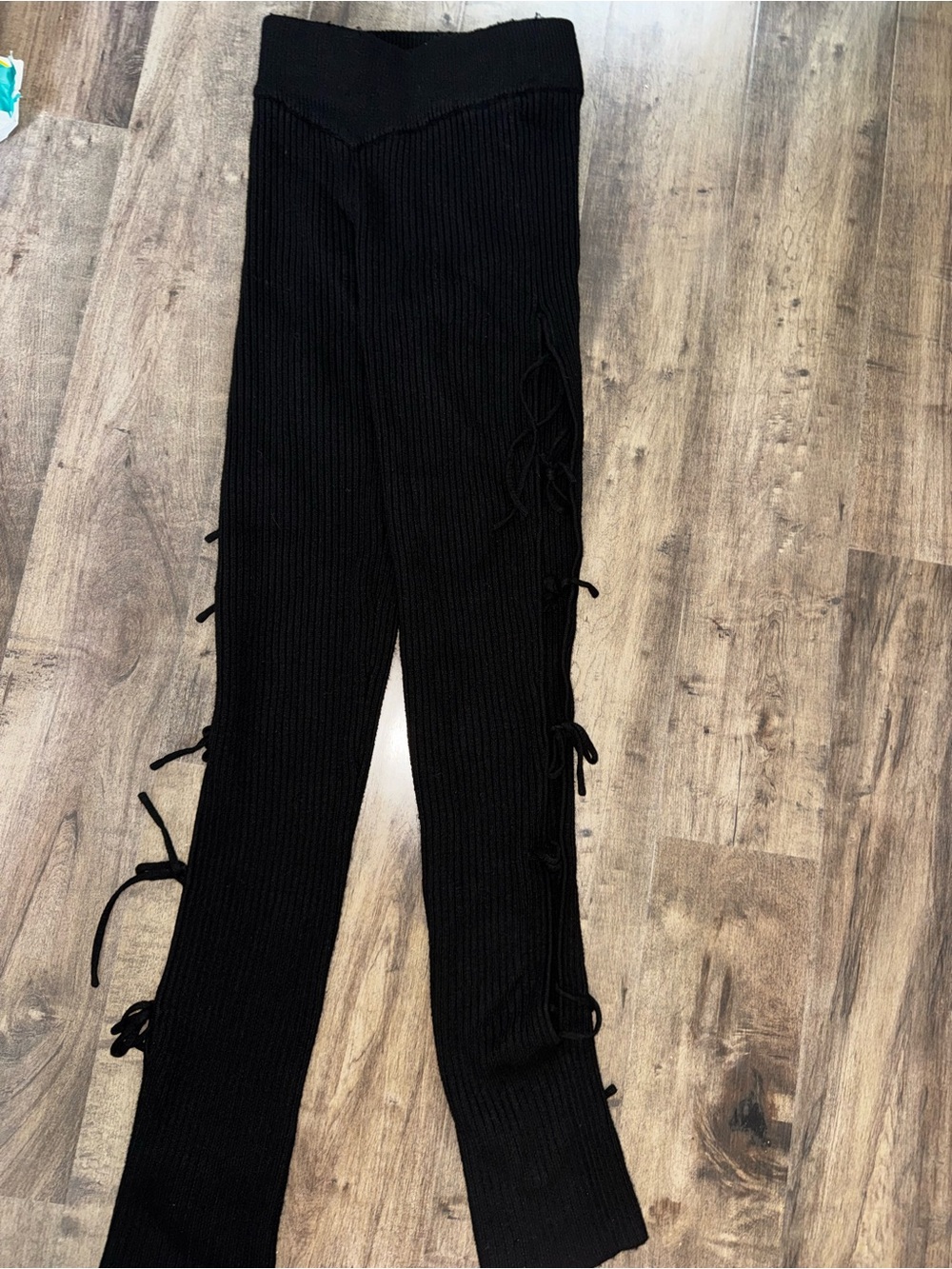 Maniere De Voir Ribbed Knit Lace-Up Side-Tie Flare Pants Black Sz S Coquette - Picture 13 of 13